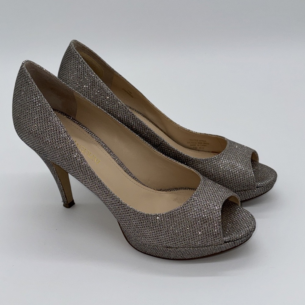 Enzo Angiolini‎ Womens 7.5 Sparkle Open Toe Heels Shoes Silver Gold Bronze